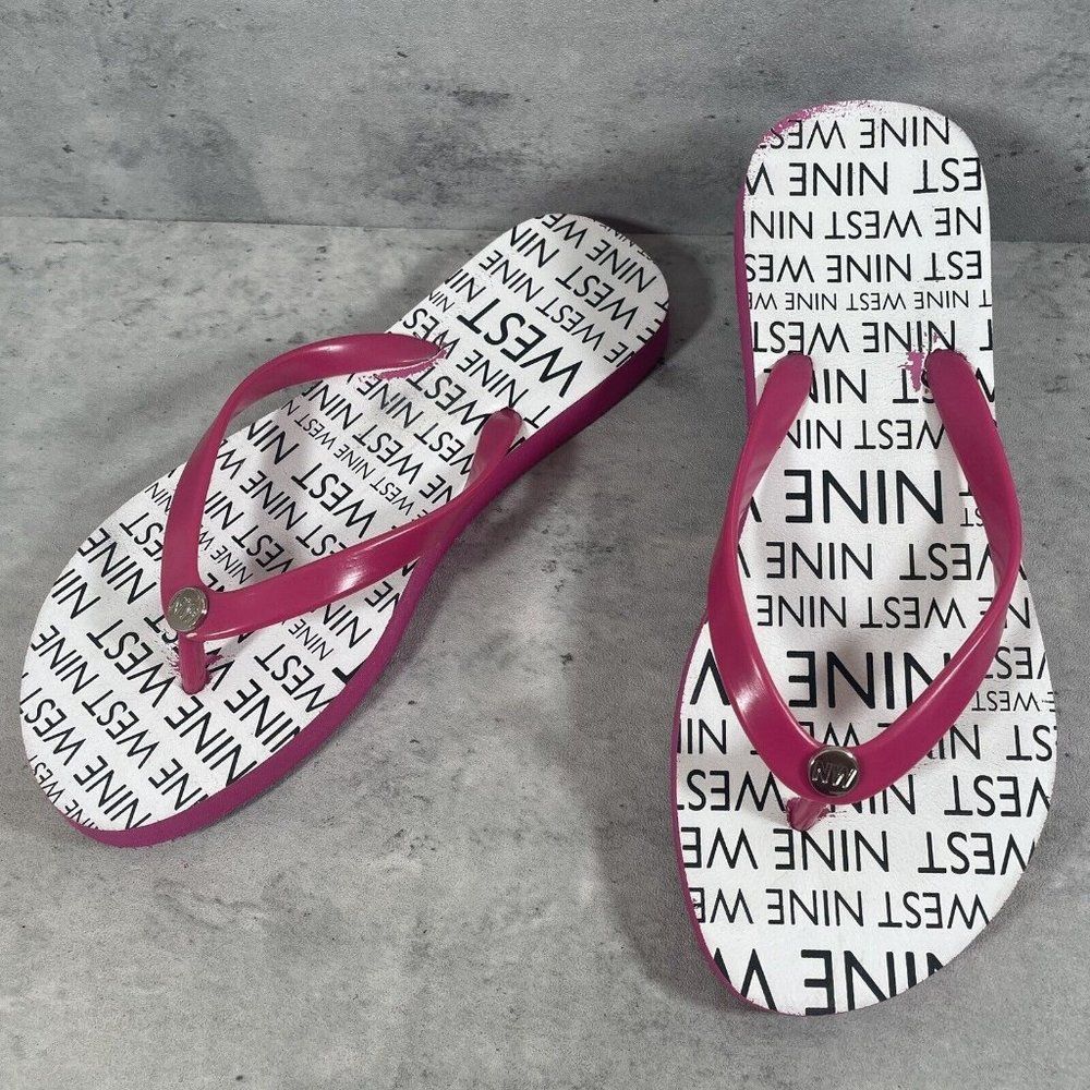 Nine West Women's Pink White Logo Flip Flops Size 8 (Large) Water Shoes Slides